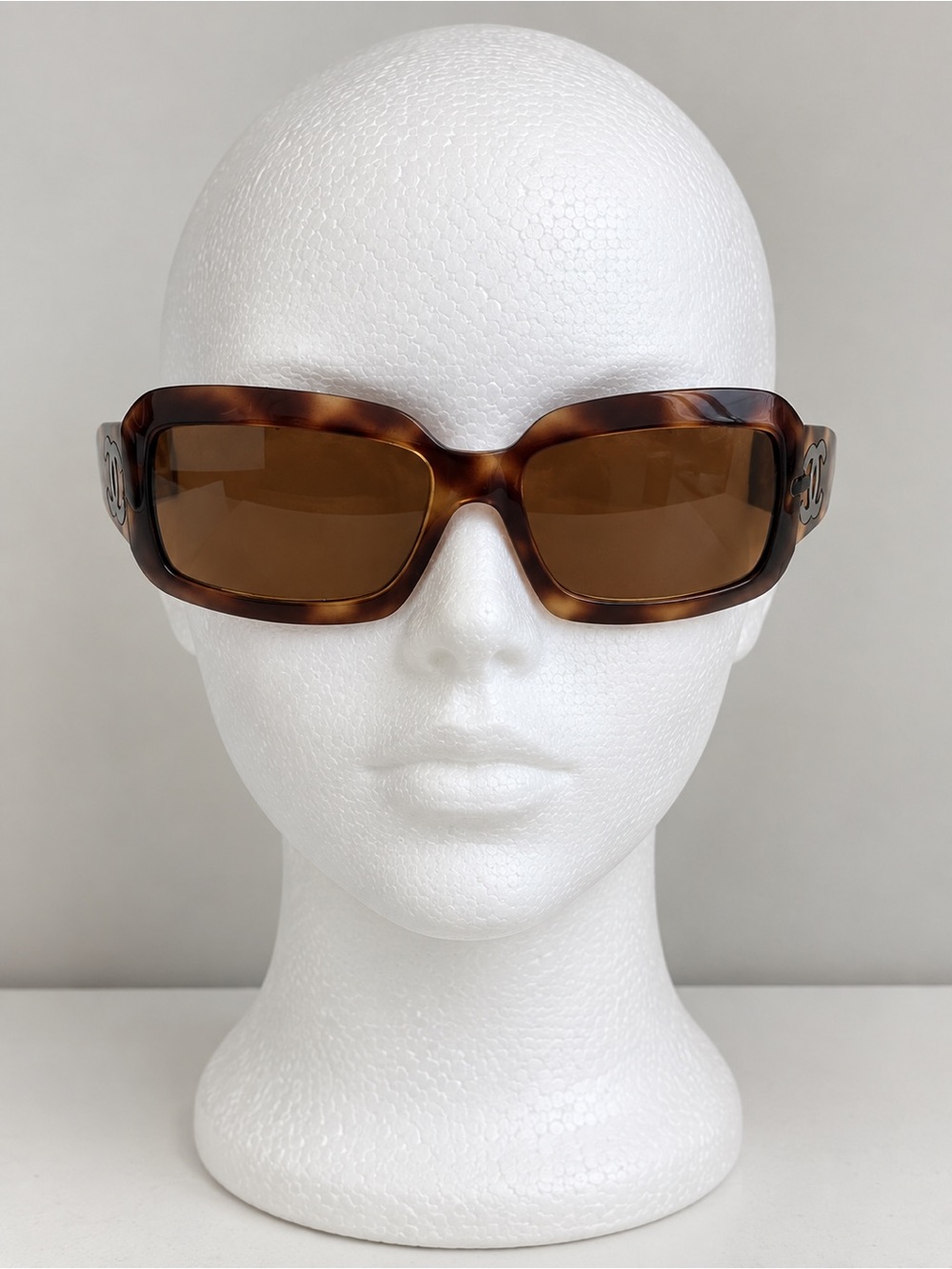 CHANEL Tortoiseshell Brown Rectangular Logo-Accent Sunglasses